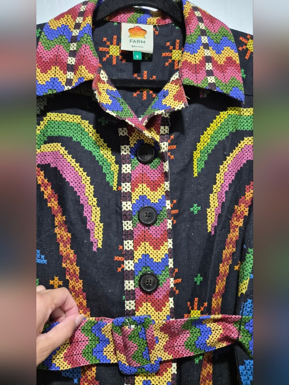 Farm Rio Macaw Night Long Sleeve Linen Blend Mini Colorful Belt Dress Size S - Picture 8 of 15